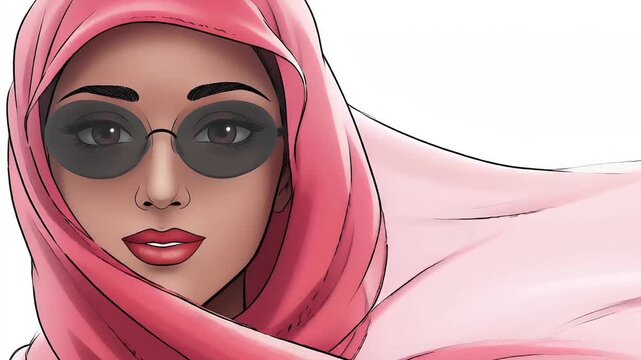 Animated Illustration Of A Beautiful Arabian Young Woman Wearing Stylish Sunglasses And Traditional Hijab Veil