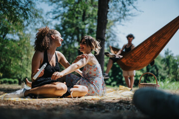 Two friends share a joyful moment on a checkered blanket as others relax nearby; a hammock and...