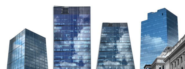 Skyscraper building exterior. Tall modern glass tower with reflective windows, blue sky and clouds