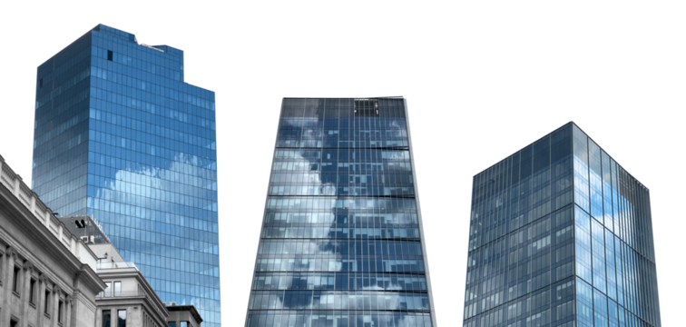 Skyscraper building tower. Modern glass facade with reflective windows, tall architecture under blue