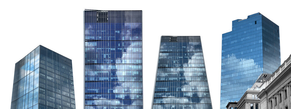 Skyscraper building exterior. Tall modern glass tower with reflective windows, blue sky and clouds