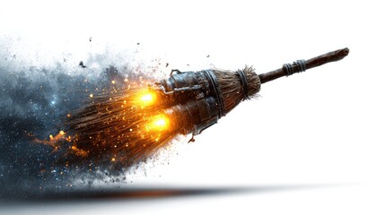 Enchanting Flight: An antique broom levitates swiftly through the air, ignited with streaks of vibrant energy. A fantastic scene, full of motion and thrill.