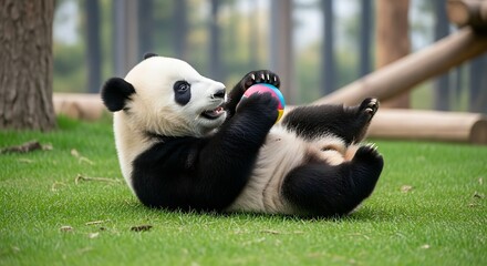 An adorable baby giant panda lies on its back on the green grass, playfully holding a colorful ball.