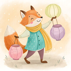 Whimsical watercolor fox character joyfully carrying festive lanterns in a soft autumnal setting illustration