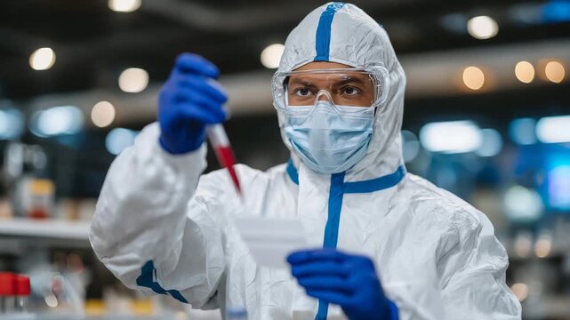 37Close-up of healthcare worker in full protective suit, safety goggles, and gloves analyzing samples in hospital lab, bright indoor lighting highlighting sterile environment