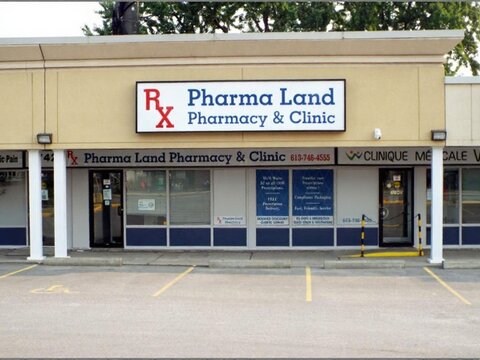 Gloucester, ON, Canada-May 23,2025:The storefront of "RX Pharma Land Pharmacy and Clinic" at 1740 Montreal Rd.