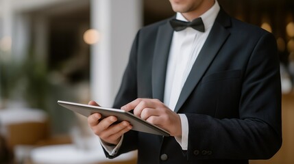 Discreet butler managing digital guest list via smart tablet in futuristic penthouse, combining traditional etiquette with AI-driven concierge technology, symbolizing emotional adaptability and
