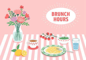 A colorful flat illustration displays a delightful brunch spread with spaghetti, coffee, and a floral vase on a pink striped tablecloth