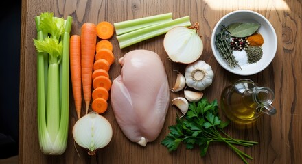 view of soup ingredients on a wooden table symbolizing warmth, vitamins, and natural goodness healthy food