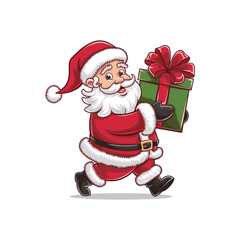 Cheerful Santa Claus Carrying a Gift Box Illustration on White Background