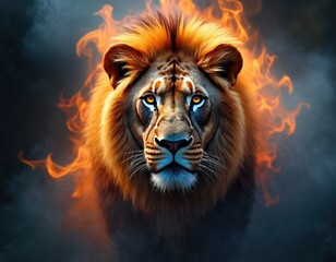 Fototapeta premium Fiery lion portrait radiates intense power, wild energy. Flames engulf majestic animals face creating dramatic effect. Digital artwork mythical beast with glowing orange eyes set against dark smoke.