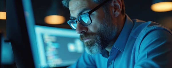 Bearded man wearing glasses looks at computer screen at night. Focused worker in blue shirt types on keyboard. Coding or data analysis in dim office with monitor glow.