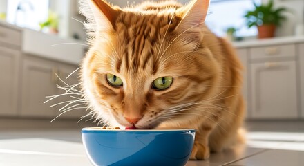 An orange tabby cat with green eyes eating from a blue bowl in a kitchen.