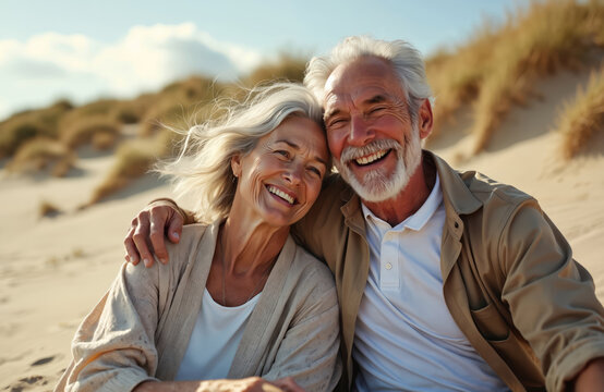 Happy senior couple embraces on sandy beach dune. Gray haired man and woman laugh together, enjoying bright sun. They share warm love, relaxed bond, joyful moment near ocean. - Powered by Adobe