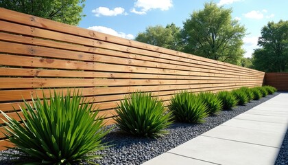 Horizontal wooden fence outdoors. Modern backyard design with clean lines. Green plants grow alongside the stone path. Clear blue sky backdrop. Architectural details showcase minimalist style.