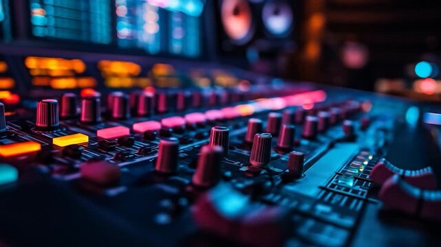 Illuminated sound mixing board with glowing faders and knobs in dark studio