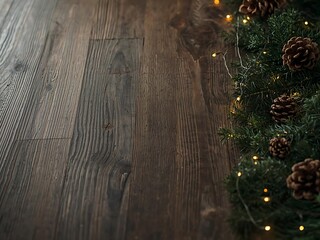 Rustic Christmas Decorations on Dark Wood Floor with Twinkling Lights and Pine Cones