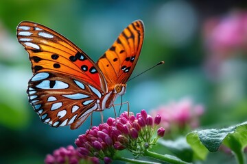 Fototapeta premium Butterfly with orange and white wings on pink flower