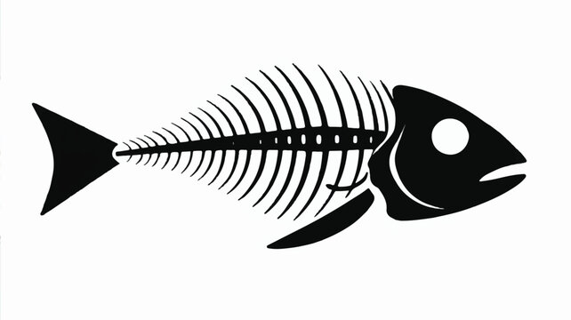 A minimalist black and white illustration of a fish skeleton silhouette 