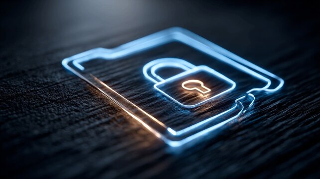 Secure data protection concept with glowing lock icon on a file folder, safeguarding digital information from cyber threats and data breaches in a modern world - Powered by Adobe
