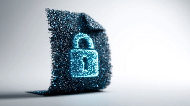 Secure data protection concept with glowing padlock symbol on abstract file, perfect for cybersecurity, privacy, and digital security solutions, conveying trust