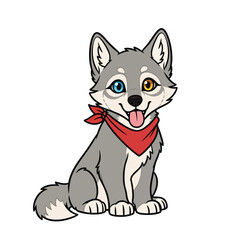 Adorable cartoon husky puppy with heterochromia and a red bandana sitting happily with its tongue out.