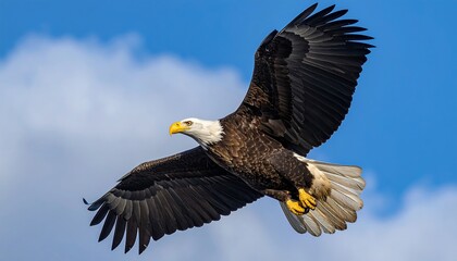A majestic raptor with white head, dark wings, and yellow beak soars effortlessly against a bright blue sky with wispy clouds
