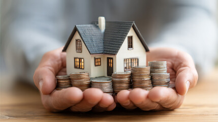 little house on top stack of coins holding in hands close up 