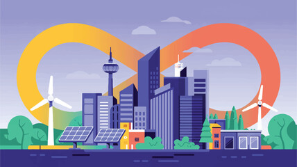 Obraz premium Sustainable city skyline with renewable energy sources and infinity loop