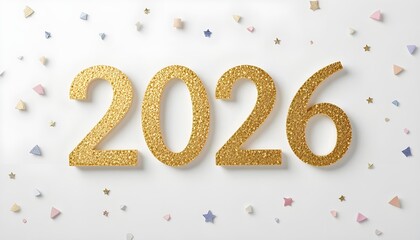 Golden 2026 isolated on white background with colorful confetti around it