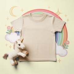 Kids casual t-shirt flat lay mockup, toy unicorn nearby. Blank natural youth tee, lying template, small size. Basic children's t-shirt template, top view. Unfolded short sleeve crewneck tee