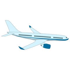 Cartoon airplane illustration of a passenger jet in flight, isolated on a white background for travel and transport concepts