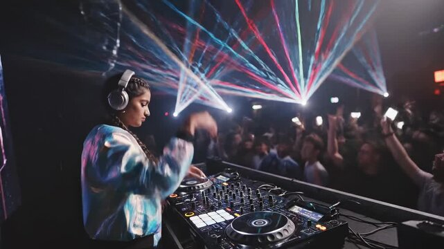 Energetic female dj wearing headphones and a holographic jacket mixing music on her turntables, while the excited crowd dances under vibrant laser lights during a live concert performance