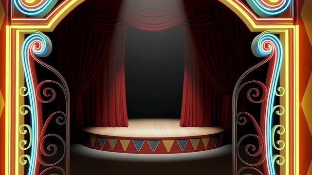 Colorful circus stage illustration with decorative arches and curtains for entertainment concepts