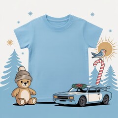 Unisex kids casual t-shirt flat lay mockup. Cartoon background. Blank blue youth tee, lying flat template, small size. Basic children's t-shirt template, top view. Unfolded short sleeve crewneck tee