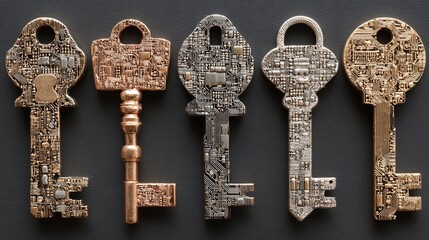 Five digital keys representing access and security, perfect for tech, data, and cyber security concepts, with a modern, innovative design