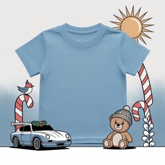 Unisex kids casual t-shirt flat lay mockup. Cartoon background. Blank blue youth tee, lying flat template, small size. Basic children's t-shirt template, top view. Unfolded short sleeve crewneck tee