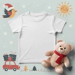 Kids casual t-shirt flat lay mockup, teddy bear nearby. Blank white youth tee, lying template, small size. Toddler basic t-shirt template, top view. Children unfolded short sleeve crewneck tee