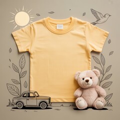 Kids casual t-shirt flat lay mockup, teddy bear nearby. Blank yellow youth tee, lying template, small size. Toddler basic t-shirt template, top view. Children unfolded short sleeve crewneck tee