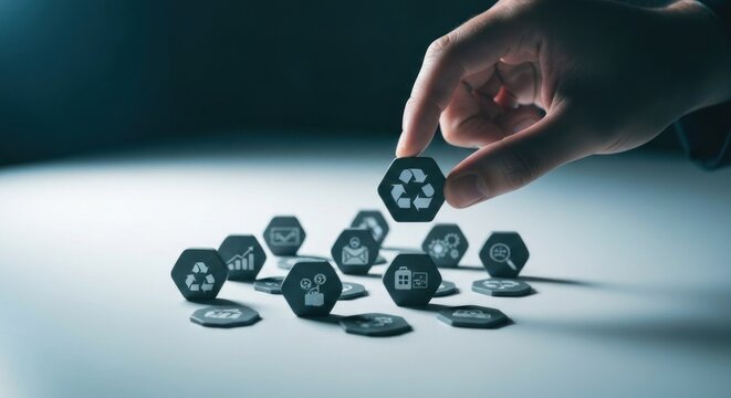 Hand places recycling icon among various hexagonal business icons - Powered by Adobe