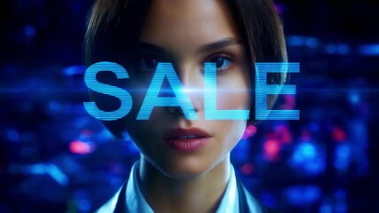 A captivating digital portrait showcasing a confident figure against a vibrant, glitchy background, highlighting an enticing sale with a bold blue neon text, combining modern aesthetics with a