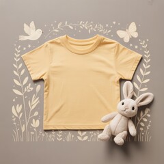 Kids casual t-shirt flat lay mockup, toy bunny nearby. Blank yellow youth tee, lying template, small size. Toddler basic t-shirt template, top view. Children unfolded short sleeve crewneck tee