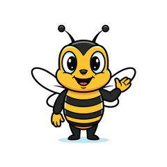 Cheerful cartoon honey bee mascot with big eyes smiling and waving a friendly hello.