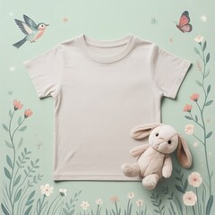 Kids casual t-shirt flat lay mockup, toy bunny nearby. Blank vintage white youth tee, lying template, small size. Toddler basic t-shirt template, top view. Children unfolded short sleeve crewneck tee