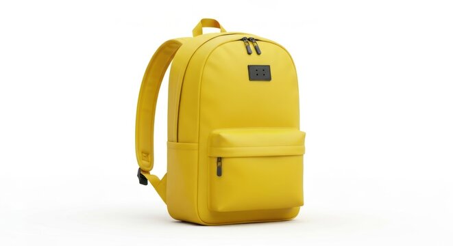 Isolated, bright yellow backpack, front view, on a plain white background