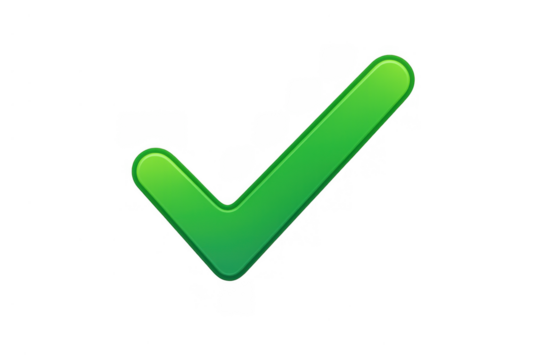 Green check mark icon symbolizing approval, success, verification, and correct choice on transparent background