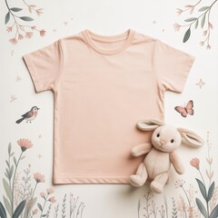 Kids casual t-shirt flat lay mockup, toy bunny nearby. Blank peach youth tee, lying template, small size. Toddler basic t-shirt template, top view. Children unfolded short sleeve crewneck tee