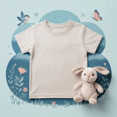 Kids casual t-shirt flat lay mockup, toy bunny nearby. Blank white youth tee, lying template, small size. Toddler basic t-shirt template, top view. Children unfolded short sleeve crewneck tee