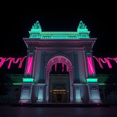 Illuminated Neo-Classical Gate with Neon Lights at Night