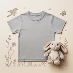 Kids casual t-shirt flat lay mockup, toy bunny nearby. Blank light gray youth tee, lying template, small size. Toddler basic t-shirt template, top view. Children unfolded short sleeve crewneck tee
